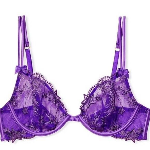 VERY SEXY Unlined Star Struck Embroidered Demi Bra 💜🌌🌠 - Picture 1 of 6